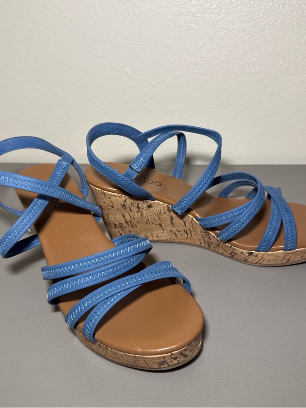 Me Too Blue Strappy Cork Wedge Sandals Size 8 1/2 W